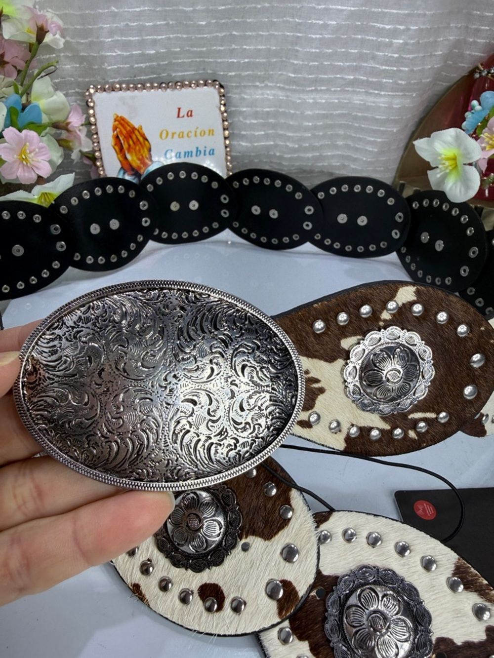 (H) Zara cow-print leather belt, size 32(1)-34(1) (shell style) New without tags - Picture 5 of 13